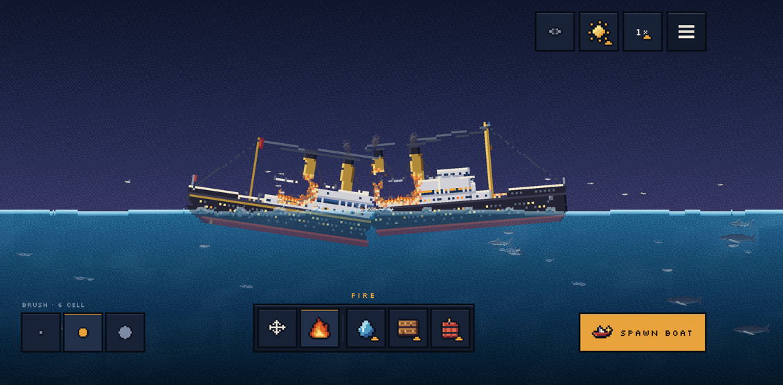 Scuttle gameplay: a burning ocean liner split in two and sinking at dusk